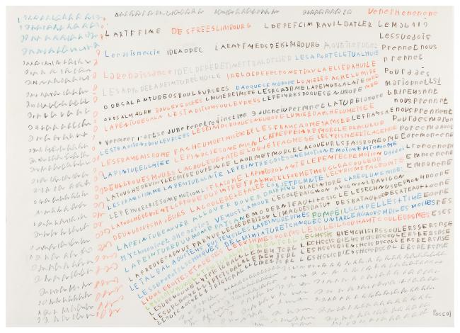 Lignes de mots au crayons de couleur dessinées par Pascal Vonlanthen