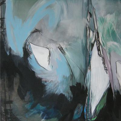 peinture abstraite avec éléments blancs sur fond bleu noir