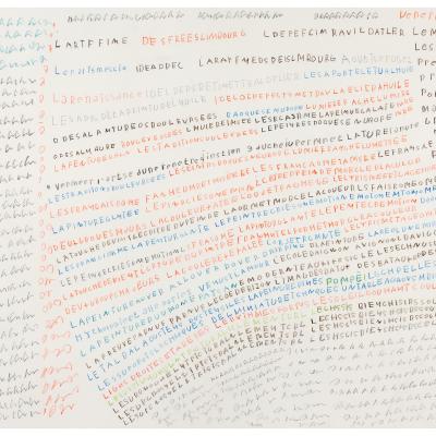 Lignes de mots au crayons de couleur dessinées par Pascal Vonlanthen