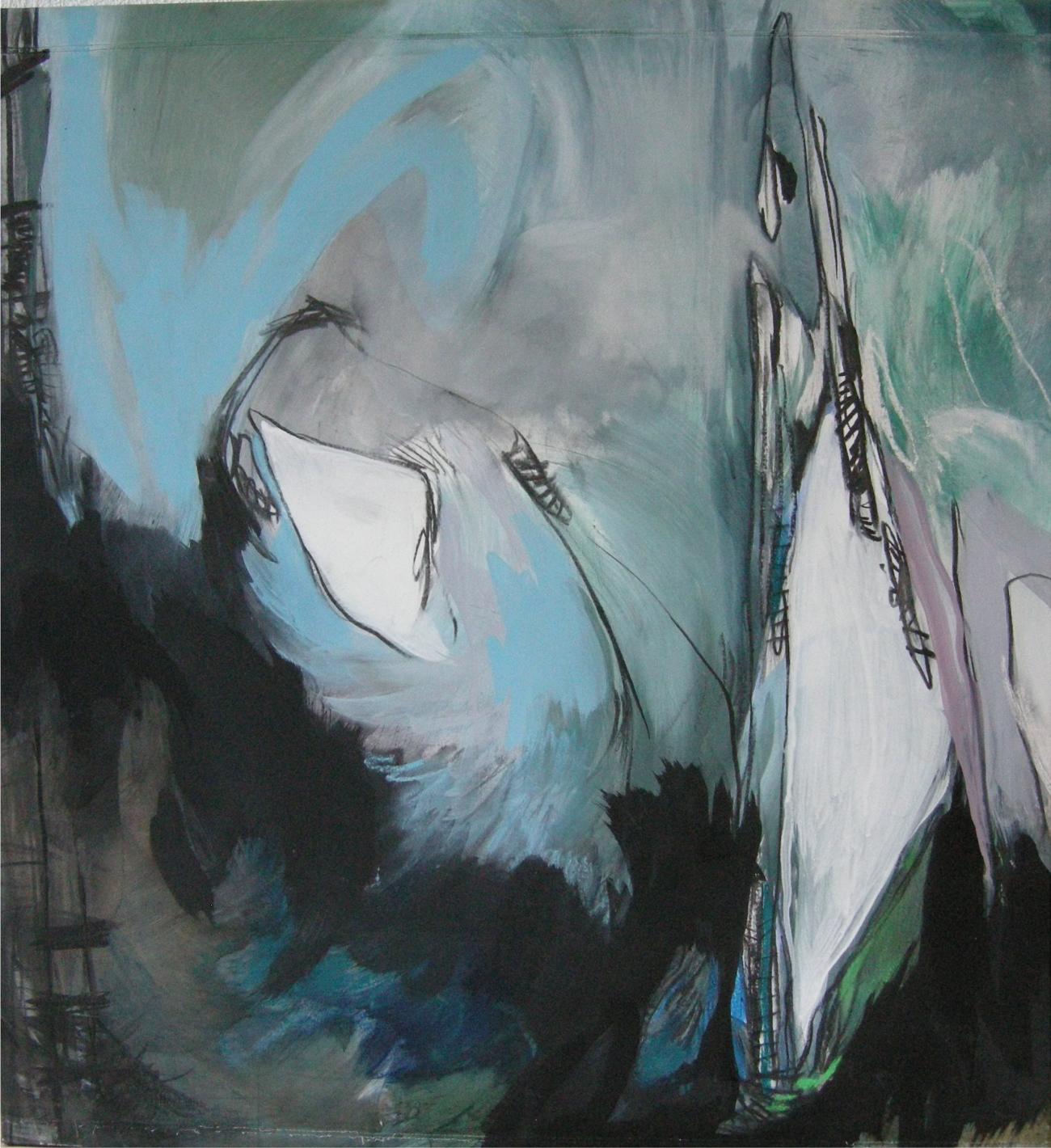 peinture abstraite avec éléments blancs sur fond bleu noir